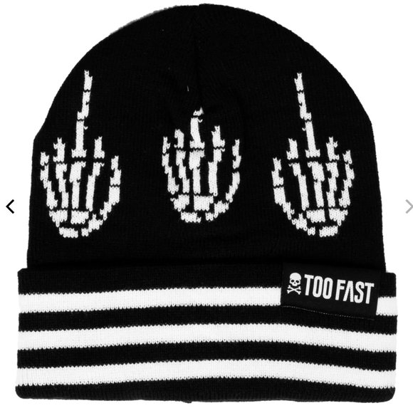 Too Fast Accessories - TOO FAST Up Yours Skeleton Middle Finger Black Striped Beanie Hat NWT